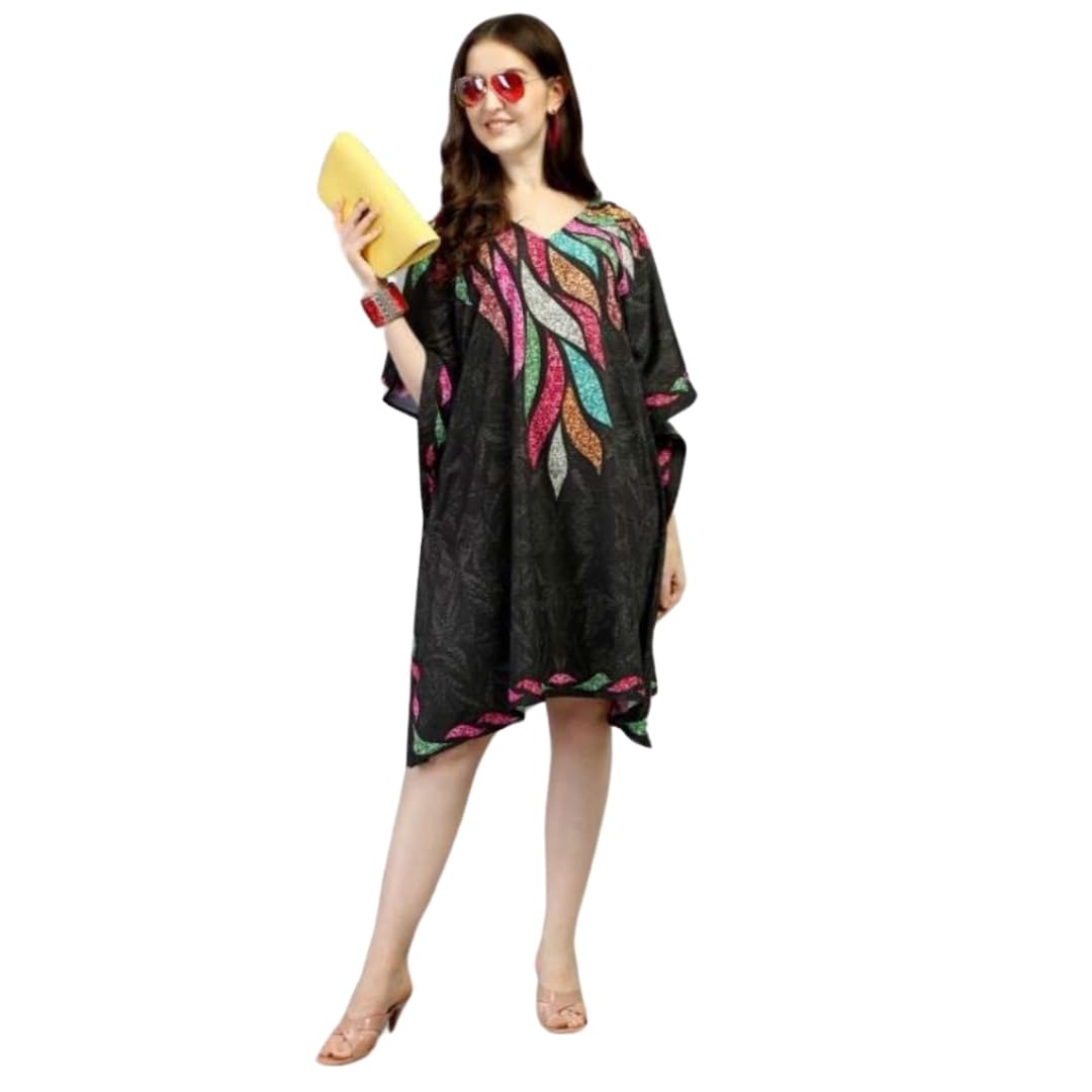 Stylish Green Free-Size Printed Short Midi Kaftan Dress for Casual Wear Holiday Summer Vacation & Beach Wear | Flowy Kaftan Style | Gift for Girls Women Girlfriend Wife her Valentine Day-image-6