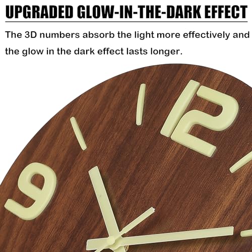 Image of HZDHCLH Wood Wall Clock Glow in The Dark,Luminous Wall Clocks with 3D Numbers,Decorative Wall Clock Battery Operated for Bedroom Kitchen Living Room Office (Brown)