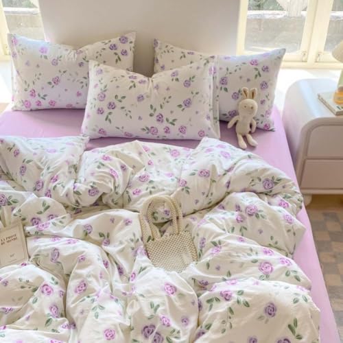 Image of Nayoroom Purple Floral Duvet Cover Queen Size Rose Flower Botanical Leaves Printed on White Duvet Cover 3 Pieces Soft Lightweight Microfiber Cottagecore Bedding Set