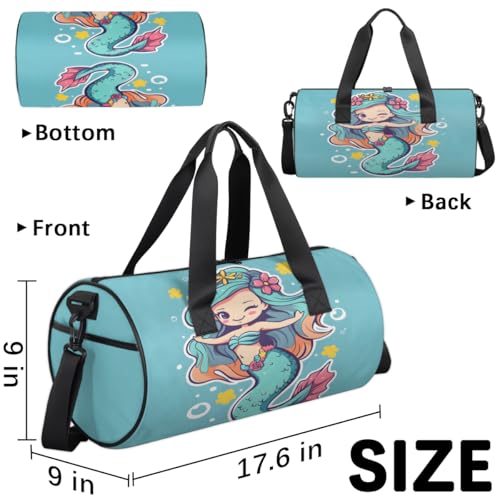 Cute Mermaid Round Barrel Sports Fitness Bag, Blue Travel Luggage Bag, Reusable Handbag, Suitable For Men and Women3