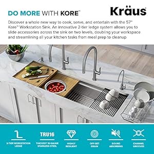KRAUS Kore 57-inch Undermount Workstation 16 Gauge Single Bowl Stainless Steel Kitchen Sink with 10 Accessories, KWU210-57 KRAUS Kore 57 inch Undermount Workstation 16 Gauge Single Bowl Stainless Steel Kitchen Sink with 10 Accessories KWU210 57