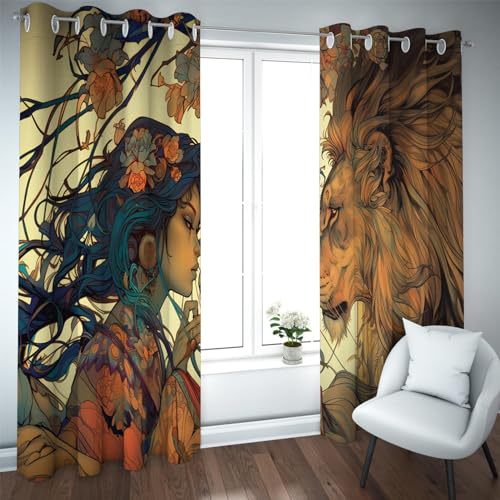 CHERHERART Estilo cómic japonés Animales Cortinas Personajes Femeninos y Leones Impresión HD Cortinas de Ojales Interiores 2 Paneles para Dormitorio Sala de Juegos Dormitorio 2xB132xH225