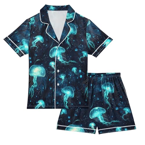 ALAZA Blue Jellyfish Starry Satin Pajamas Set Short Sleeve Button Down Sleepwear Summer Pjs 2 Piece