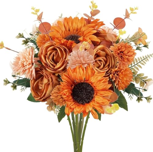 HUAESIN Kunstblumen Herbst Rose Künstliche Blumen Deko Herbststrauß Künstlich Sonnenblume Deko Herbstblumen Hortensien Seidenblumen Dekoblumen für Herbstdeko Tischdeko Hochzeitsdeko (Orange)