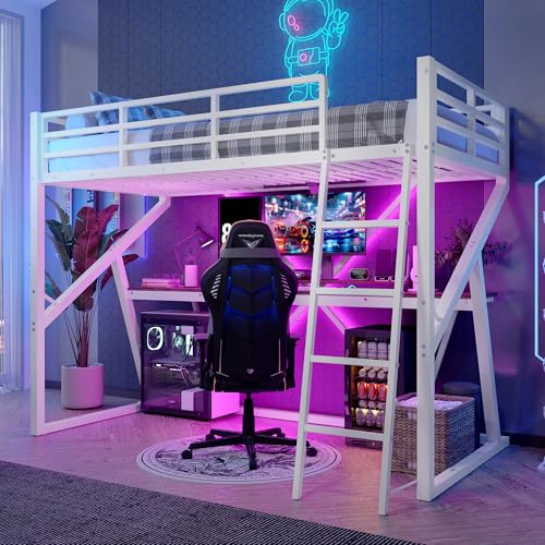 Huayz Cama alta de metal 90 x 200 cm, con luces LED, para niños, adolescentes y adultos, litera de metal con escritorio y escalera anticaídas, sin colchón (blanco)