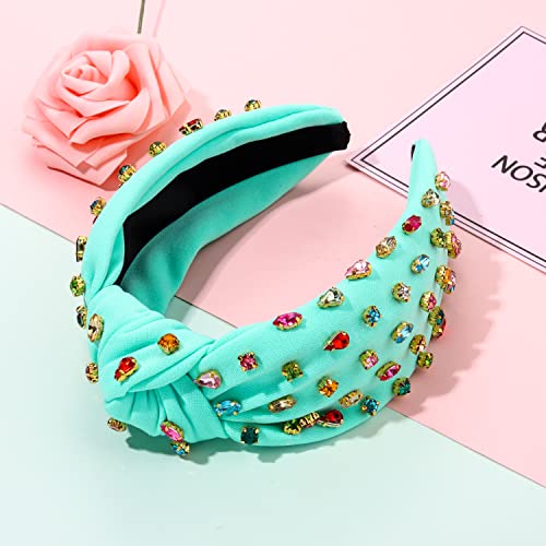 Nvenf Rhinestone Knotted Headbands For Women, Crystal Beaded Jeweled Headbands, Top Knot Headbands Womens Fashion Hairbands Summer Hair Accessories (A-Green) #TOP1