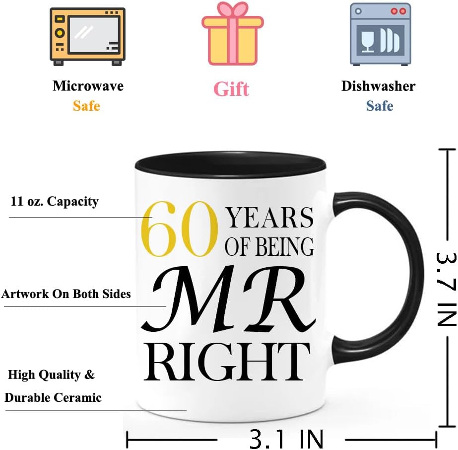 60th Wedding Anniversary for Couples, 60 Year Anniversary Coffee Mugs Set of 2 - Mr Right & Mrs Always Right Ceramic Mug Gift Set 11oz (60th) - Image 3