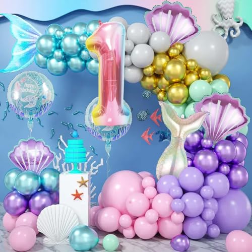 Image of Mermaid Birthday Decorations Mermaid Balloons - Number 1 Balloons for Girls Under The Sea Mermaid Theme Baby Shower Birthday Favors