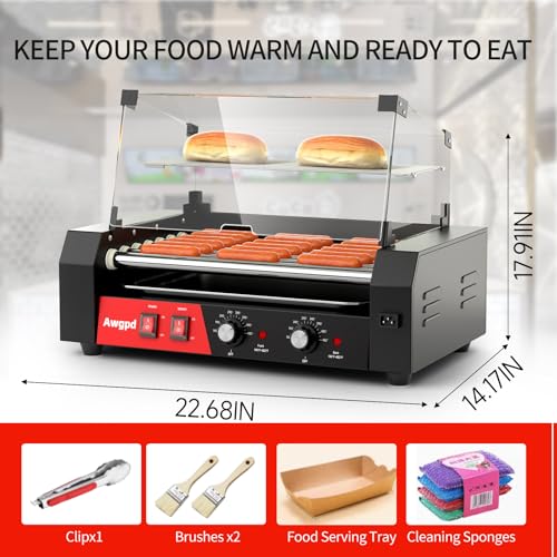 Hot Dog Roller 7 Rollers 18 Hot Dogs Capacity 1050W Stainless Sausage Grill Cooker Machine with Dual Temp Control Glass Hood Acrylic Cover Bun Warmer Shelf Removable Oil Drip Tray(7 Rollers+Cover) - Thumbnail 4
