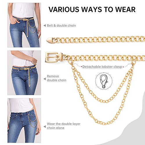 Linawe Thin Gold Rope Chain Belt for Women Dresses Jeans Dangle Jeweled Belts 39" Fancy Golden Metal Pin Buckle Waist Body Belly Jewelry Skinny Fashion Goth Costume Accessories Gift for Mom Wife Her4