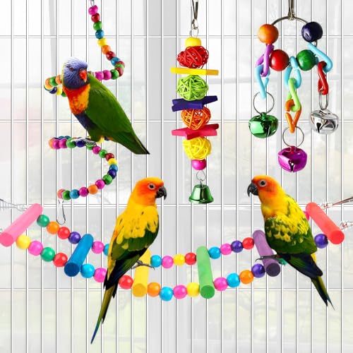 Image of Bird Toys Parakeets Cage Accessories: 8Pcs Parrot Toy Swing Ladder Natural - Small Birds Supplies for Cockatiel Conure Lovebird Budgie Canary Finches Quaker