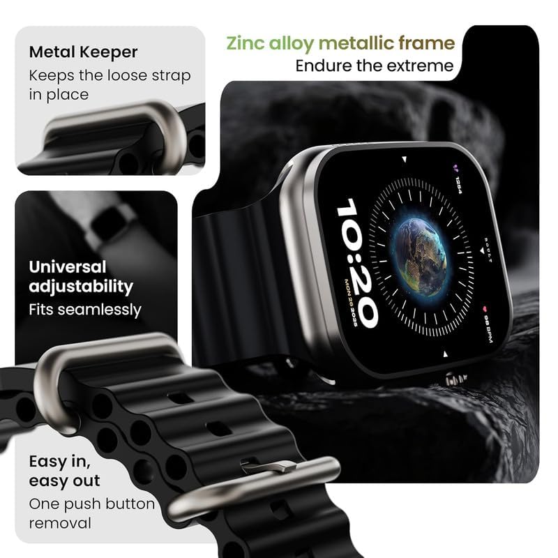 Close-up of smart watch strap showing metal keeper and easy removal button