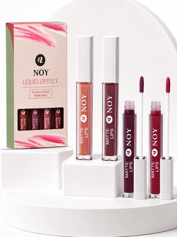Image of Noy Liquid Lipstick Combo Offer Stunning Matte Color for Every Occasion - Creamy Nude, Dark Maroon, Purple Wine, Red Wine Shades Pack of 4
