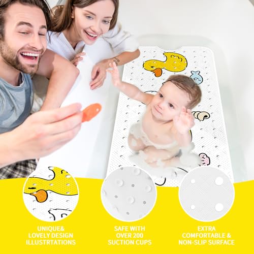 Image of PRATIQUE Kids Bath Mat for Tub Non Slip,40 X 16 Inch Extra Long Kids Bathtub Mat Duck Bathtub Shower Mat Safety Anti Slip with Suction Cups and Drain Holes, Machine Washable