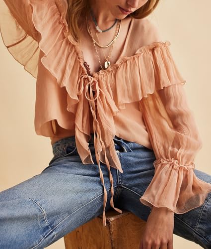 Image of Sexy Pink Ruffle Shirt Flowy Lace Long Sleeve Front Tie Chiffon Top Boho Embroidered Peasant Blouse Summer Bow Tie Front Peplum Tops for Women
