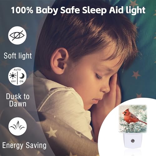 Image of Winter Cardinal Pine Tree Night Light, Christmas Snow Red Cardinal Dusk to Dawn Night Light Plug in, 0.5w Energy Saving Sleep Friendly NightLight for Kids Boys Girls Home Decor