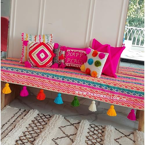 Image of WWW.THROWPILLOW.IN Rainbow Aztech Pattern with Multicoloured Tassels Three Seater Anti-Slip Tassel Sofa Cover 3 Seater- Heavy-Duty, Scratch-Resistant-Sofa Seat Cover 3 Seater