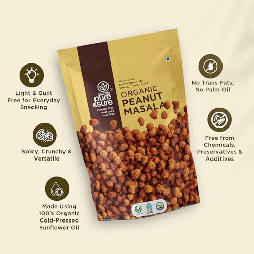 Image of Pure & Sure Organic Masala Peanuts 300gm | Ready to Eat Crunchy Healthy Snacks | Rich in Protein | Perfect for Perfect for Snacking and Cooking | No Preservatives|150gm each (Pack of 2)