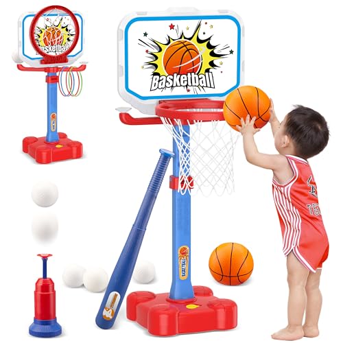 4 in 1 Toddler Basketball Hoop and T Ball Set, Toss Ring Game Kids Toys, Adjustable Height Kids Basketball Hoop Pool Toys Indoor Outdoor Sports, Gifts for Boys Girls Outdoor Toys for Toddlers 3-5 2-4
