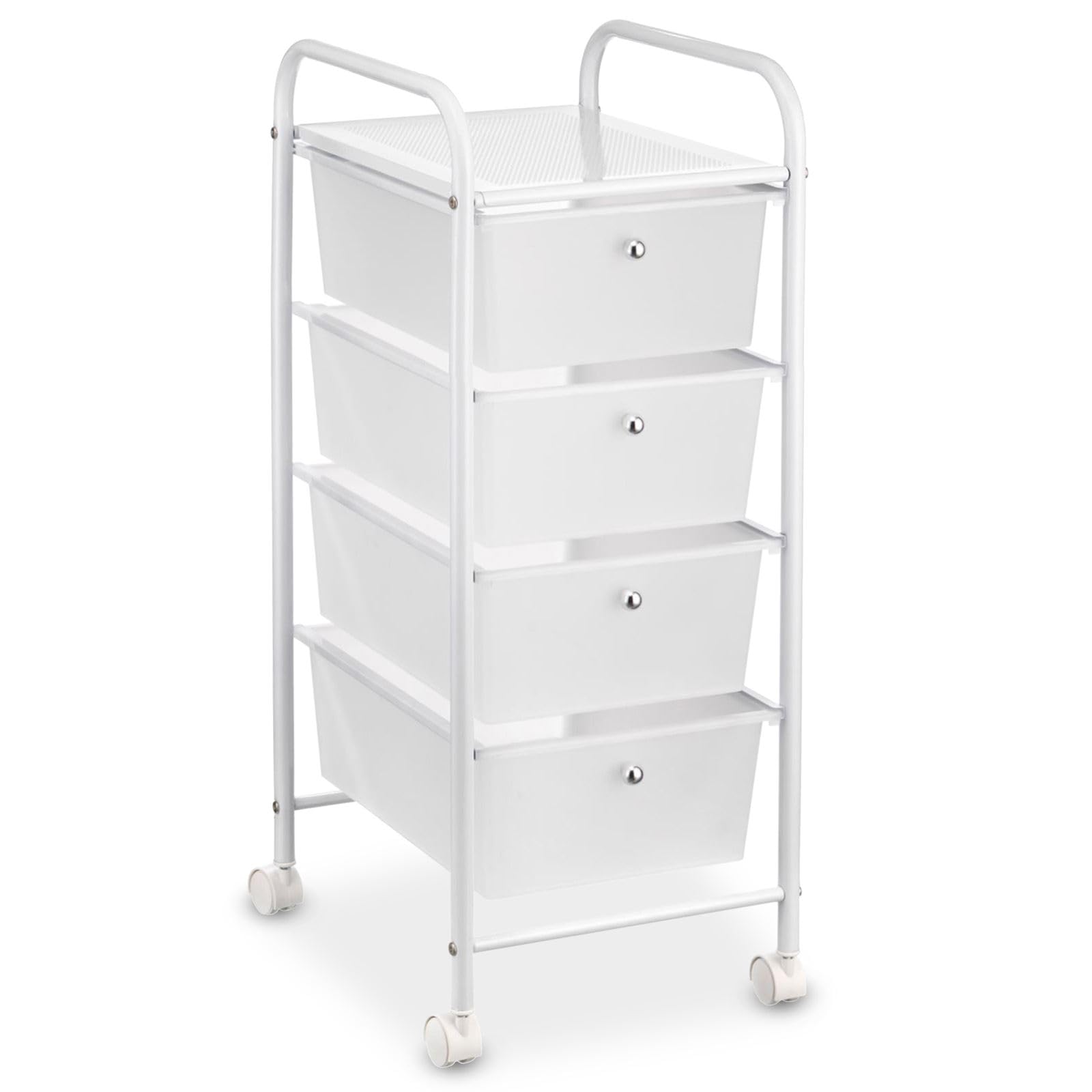 IDIMEX Caisson sur roulettes GINA Chariot avec 4 tiroirs en Plastique Blanc Transparent et 1 étagère, Meuble de Rangement pour Salle de Bain en métal laqué Blanc