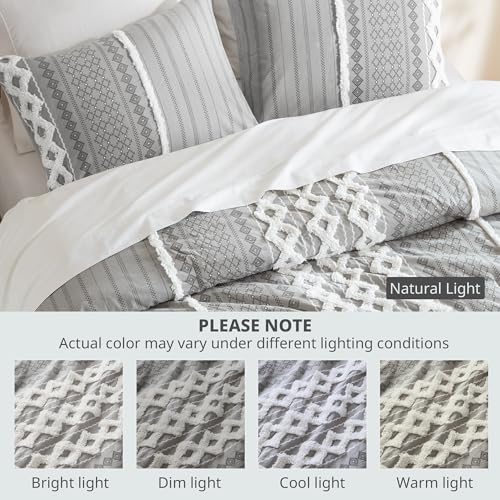 Image of INK+IVY Queen Comforter Set, Boho Comforters, Breathable Cotton Bed Set, All Season Modern Chenille Tufted Comforter with Farmhouse Bedding Flare, Gifts for Woman, Gray 3 Piece