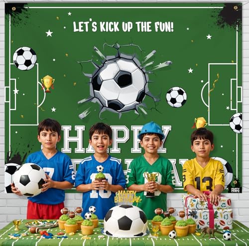 Image of Party Propz Football Theme Birthday Decoration Backdrop (5x4 ft) 2 Pcs- Soccer Theme Happy Birthday Backdrop Banner Cloth with Ribbon, HBD Decoration for Boys