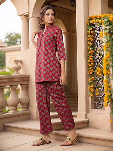 Image of NAINVISH Women's Floral Rayon Blend Co-ord Set | Straight Mandarin Collar Full Sleeve Top & Pant | Elegant Maroon, Blue Style | Ideal for Casual, Lunch, Evening Outings | Ladies Matching Outfit