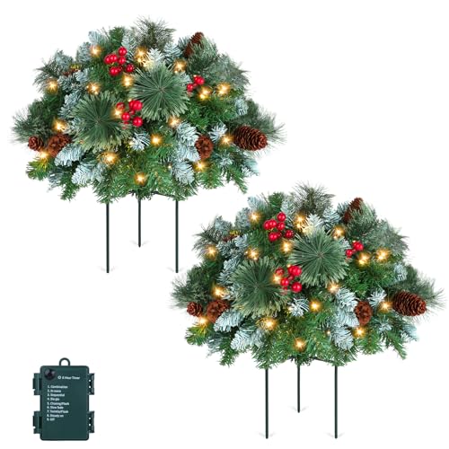 HMASYO 2 Pack Pre-Lit Artificial Christmas Tree Urn Filler, Lighted Christmas Flocked Pine Trees Planter Filler with 50 LED Lights, Weatherproof Sparkle for Entryways, Patios Outdoor Christmas Decor