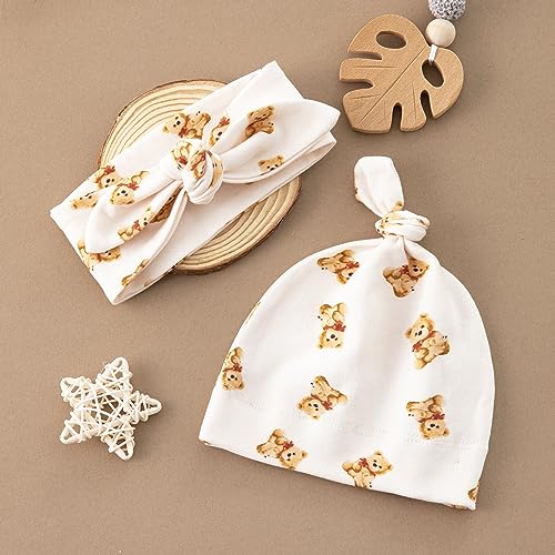 Image of BabyWhale Muslin Swaddle Blanket with Hat and Headband Bow, Bear Pattern Swaddle Set for Baby Boys ＆ Girls, Newborn Breathable Receiving Blanket Wrap, Large 47x47 inches