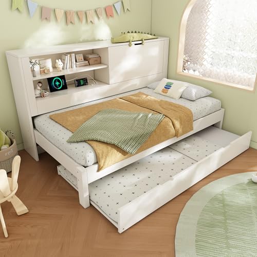 Cama de madera para sofá cama de 90 x 190 cm, con cama nido de 90 x 190 cm, estructura de cama individual con espacio de almacenamiento, compartimento abierto, espacio de almacenamiento oculto, cama