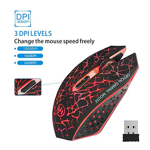 TENMOS K6 Wireless Gaming Mouse, Rechargeable Silent LED Optical Computer Mice with USB Receiver, 3 Adjustable DPI Level and 6 Buttons, Auto Sleeping Compatible Laptop/PC/Notebook (Red Light)