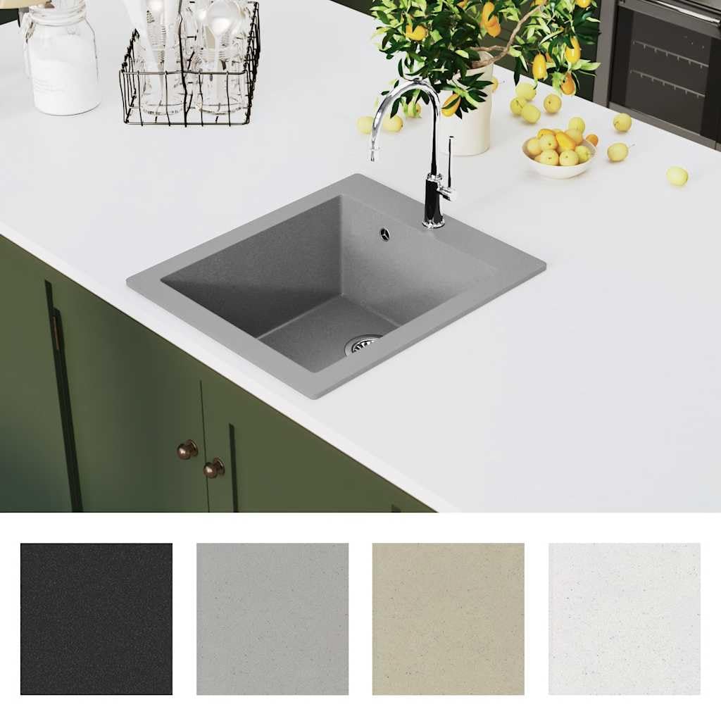 Fregadero De Cocina De Granito con Cubeta Extra Profunda, 80% Cuarzo y 20% Resina, Diseño Resistente y Compacto, kitchen sink, Fregadero Bajo Encimera, Apto Para Cocinas y Lavaderos, Gris, 425x500 mm