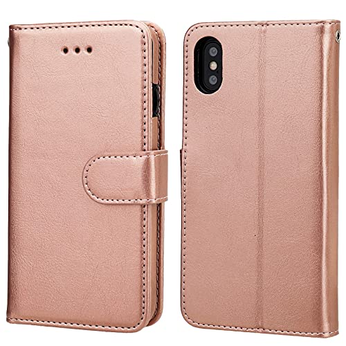 Bocasal for iPhone Xs/X Wallet Case with Card Holder PU Leather Kickstand Shockproof Protective Wrist Strap Flip Cover for iPhone Xs/X 5.8 inch (Rose Gold)