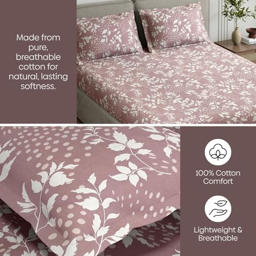 Image of Haus & kinder Double Bedsheet for Queen Size Bed | 90 x 100 Inches 144 TC Cotton Bedsheet for Double Bed with 2 Pillow Covers - Wine Foliage