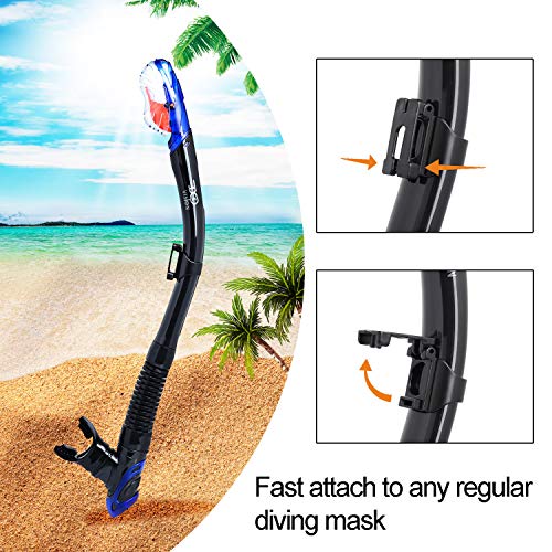 EXP VISION Dry Snorkel, Adult Dive Snorkel Free Breath Diving Snorkel Tube Food-Grade Silicone Mouthpiece Snorkeling Gear with Splash Guard Top Valve and Headstrap Clip for Snorkeling Swimming - Thumbnail 3