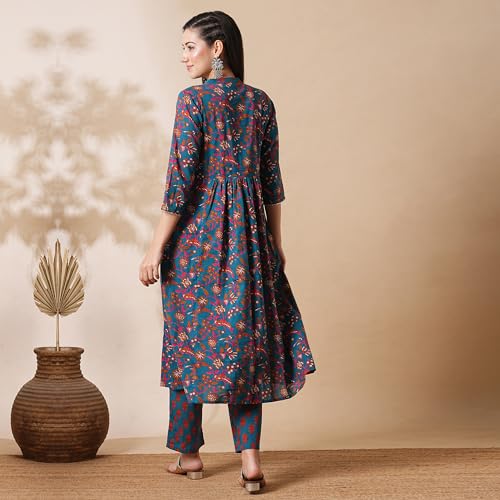 Image of Globus Women Ivory Floral Print A-Line Kurta Set With Trouser-3638388001