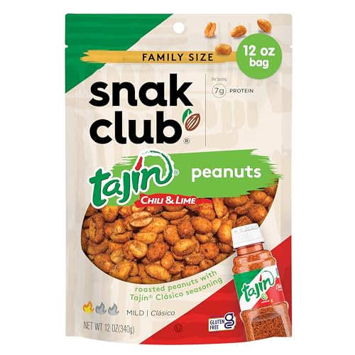 Snak Club Tajin Peanuts, Roasted Nuts with Chili and Lime Seasoning, Mild, Gluten-Free and Kosher Snacks, No Artificial Colors or Flavors, No Preservatives, 12 oz Resealable Bag