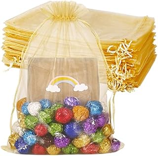 YQL 100PCS Gold Organza Bags Large 20 X 30CM, Mesh Favour Bags with Drawstring Net Bags for Gift Christmas Party Wedding Jewelry Candy Sample