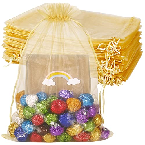 YQL Lot de 100 grands sacs en organza dorés de 20 x 30 cm, sacs à dragées en maille avec cordon de serrage pour cadeau, fête, mariage, bijoux, échantillon de bonbons Cover