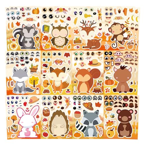 24 hojas de calcomanías de otoño para niños pequeños, calcomanías de animales de otoño para hacer tu propia pegatina, 8 diseños de animales, búho, ardilla, erizo, zorro, suministros de decoración de