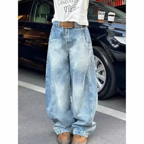 Men's American Retro Curved Hem Wide Leg Jeans Loose Fit Distressed Long Pants for Spring Autumn2