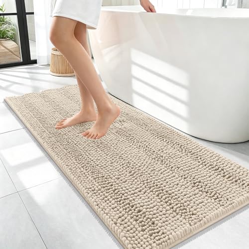 Image of OLANLY Thick Bathroom Runner Rugs 47x17, Extra Absorbent Chenille Striped Bath Rugs, Rubber Backing, Machine Wash Dry, Long Bath Mats for Bathroom Floor, Tub and Shower, Home Decor Accessories, Sand