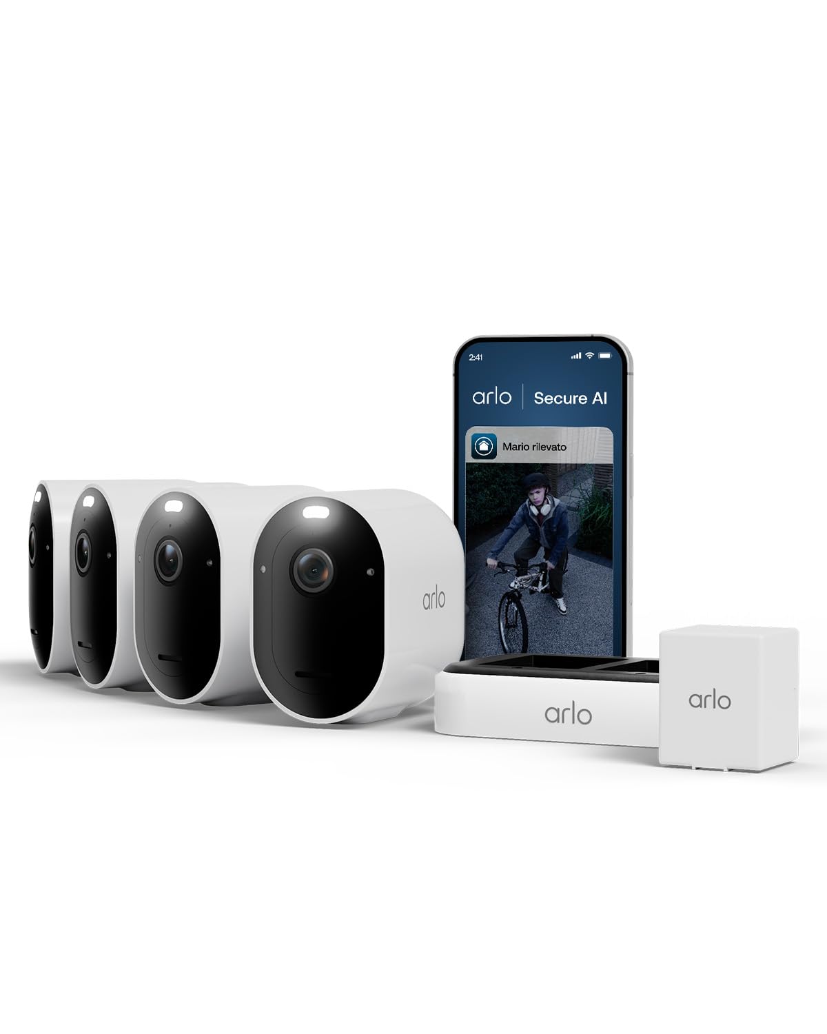 Arlo Pro 6 Telecamera WiFi Esterno Senza Fili, 2K+ HDR, rilevamento AI, visione notturna a colori, compatibile con Alexa, Prova Inclusa Secure, 4 telecamere + 1 batteria aggiuntiva e caricatore doppio