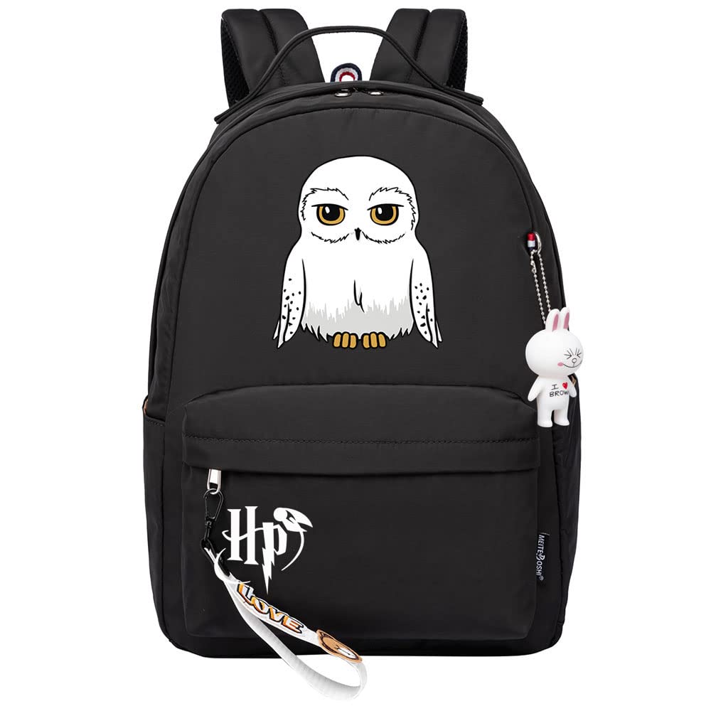 Meetiger Unisex Black Cute White Owl Hedwig Backpack Harry Magic School Bag Ladies Youth Children Travel Rucksack