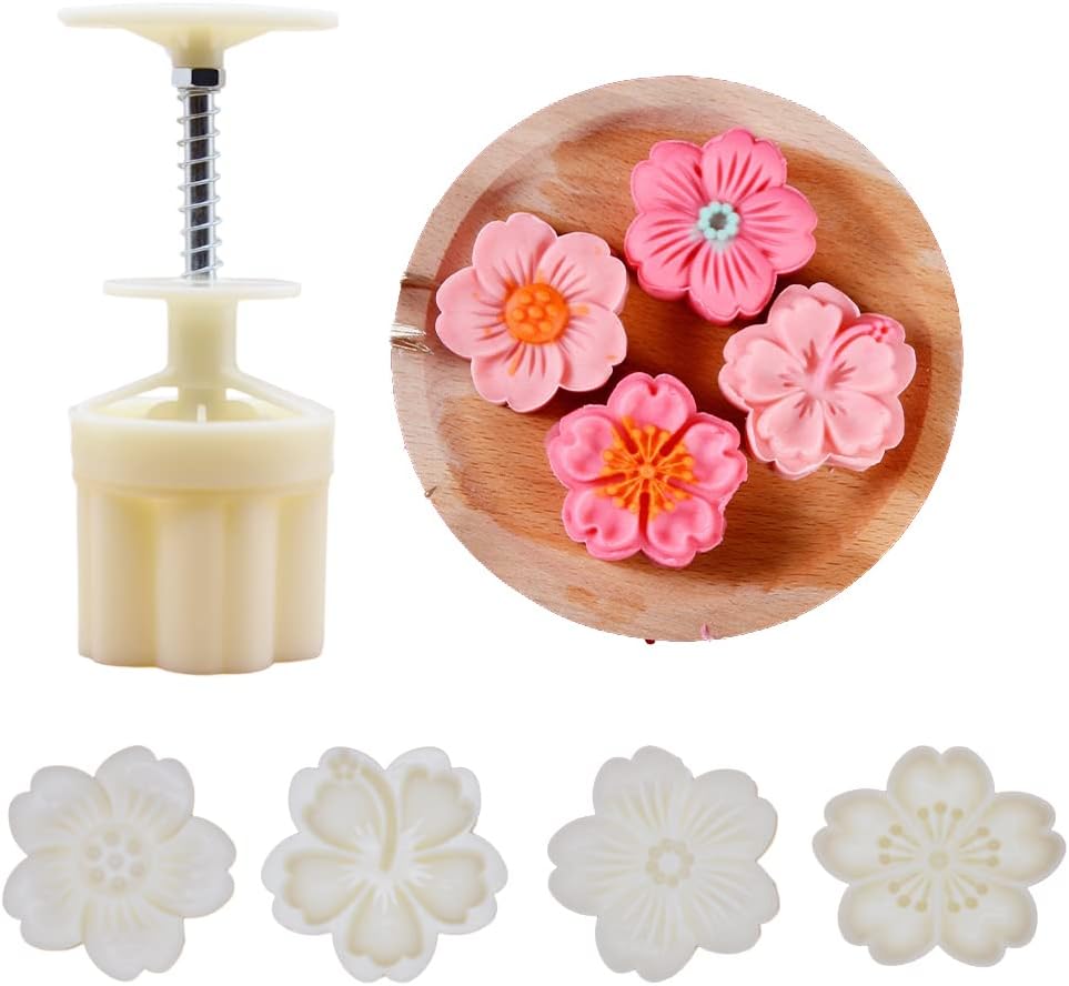 Moon Cake Mold Set 4pcs 75g Cookie Stamps, Cherry Blossom Floral Mid Autumn Festival DIY Hand Press Cookie Dessert Cutter Pastry Decoration Flower Impressions Tool Mooncake Maker (75g)