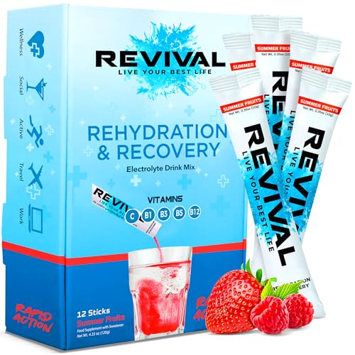 Revival Rapid Rehydration Electrolytes Powder - High Strength Vitamin C B1 B3 B5 B12 Supplement Sachet Drink Effervescent Electrolyte Hydration Tablets - 12 Pack Summer Fruits