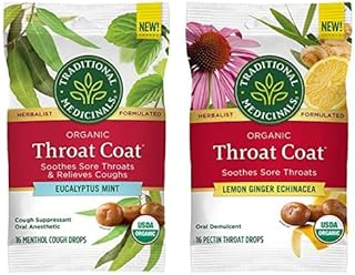 Traditional Medicinals Throat Coat Lozenges, Lemon Ginger Echinancea and Eucalyptus Mint, Pack of 2