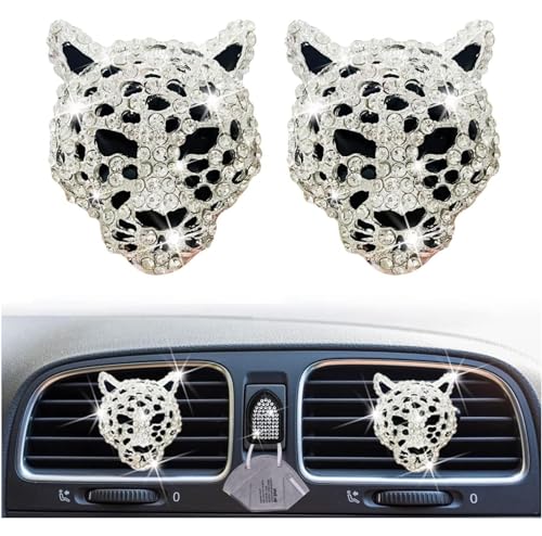 Image of 2Pcs Silver Bling Leopard Air Vent Clips, Crystal Leopard Car Air Fresheners and Diffusers, Rhinestone Car Decoration and Interior Accessories