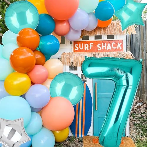 Image of Teal Blue Number 7 Balloons 40 Inch 7th Birthday Mermaid Theme 5 Pcs | Big Helium Mylar Digital Balloon Anniversary Wedding Party Decor Supplies