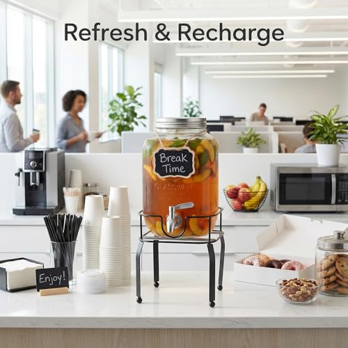 Image of 1 Gallon Glass Drink Dispensers For Parties,Beverage Dispenser with Stand,304 Stainless Steel Spigot Leakproof,Lemonade Dispenser for Sun Tea, Homemade Juice